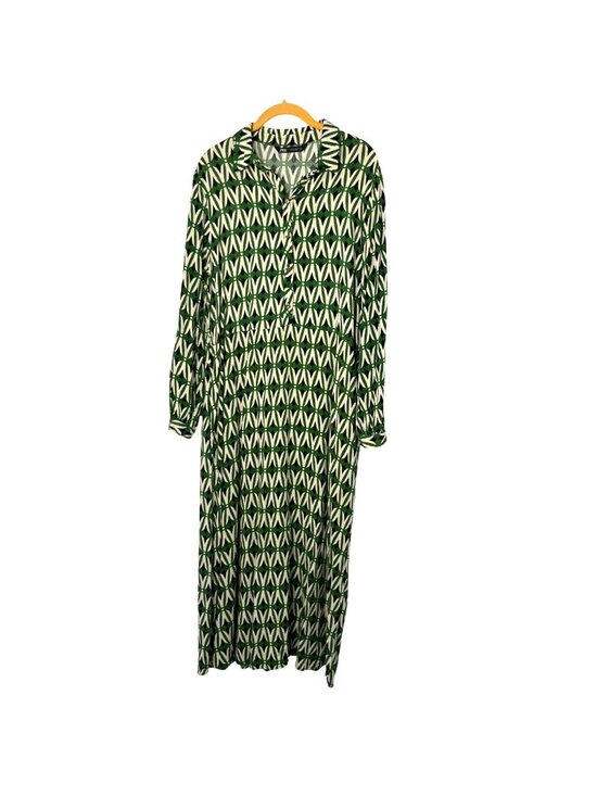 Zara Dresses & Skirts - Zara Womens XL Green Navy Cream Geometric Print Midi Shirt Dress Button Used